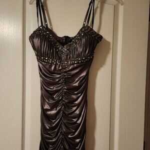 Bebe Gold Ruched Mini Dress with Beautiful Beading Size M